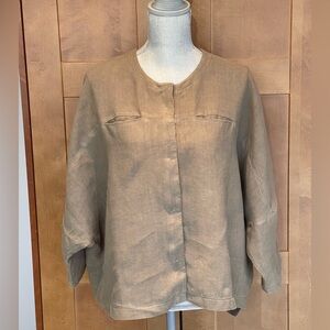 HOI BO (Toronto) Women's Linen Khaki-Color Boxy Short Sleeve Button-Up Top, Med